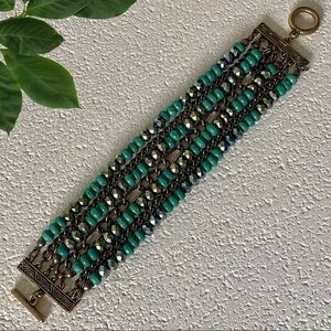 Multi Strand Green Bead, Faceted Metallic Bead & Bronze Chain Bracelet‍‍‍‍‍‍‍‍‍‍